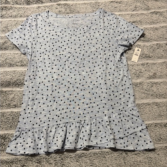 Talbots Blue Short-sleeved shirt with black polka dots and a ruffled hem. Size S - Picture 3 of 7